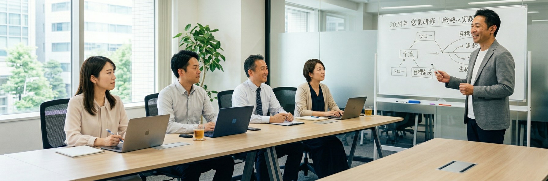 ホワイトボード前で講師が説明し受講者がノートPCで実践する研修風景